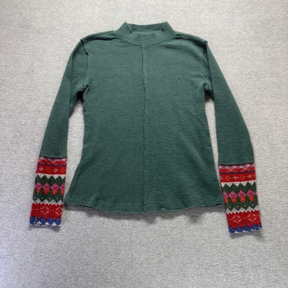 Maurices Waffle Knit Mock Neck Top Womens Medium Green Fair Isle Cuffs